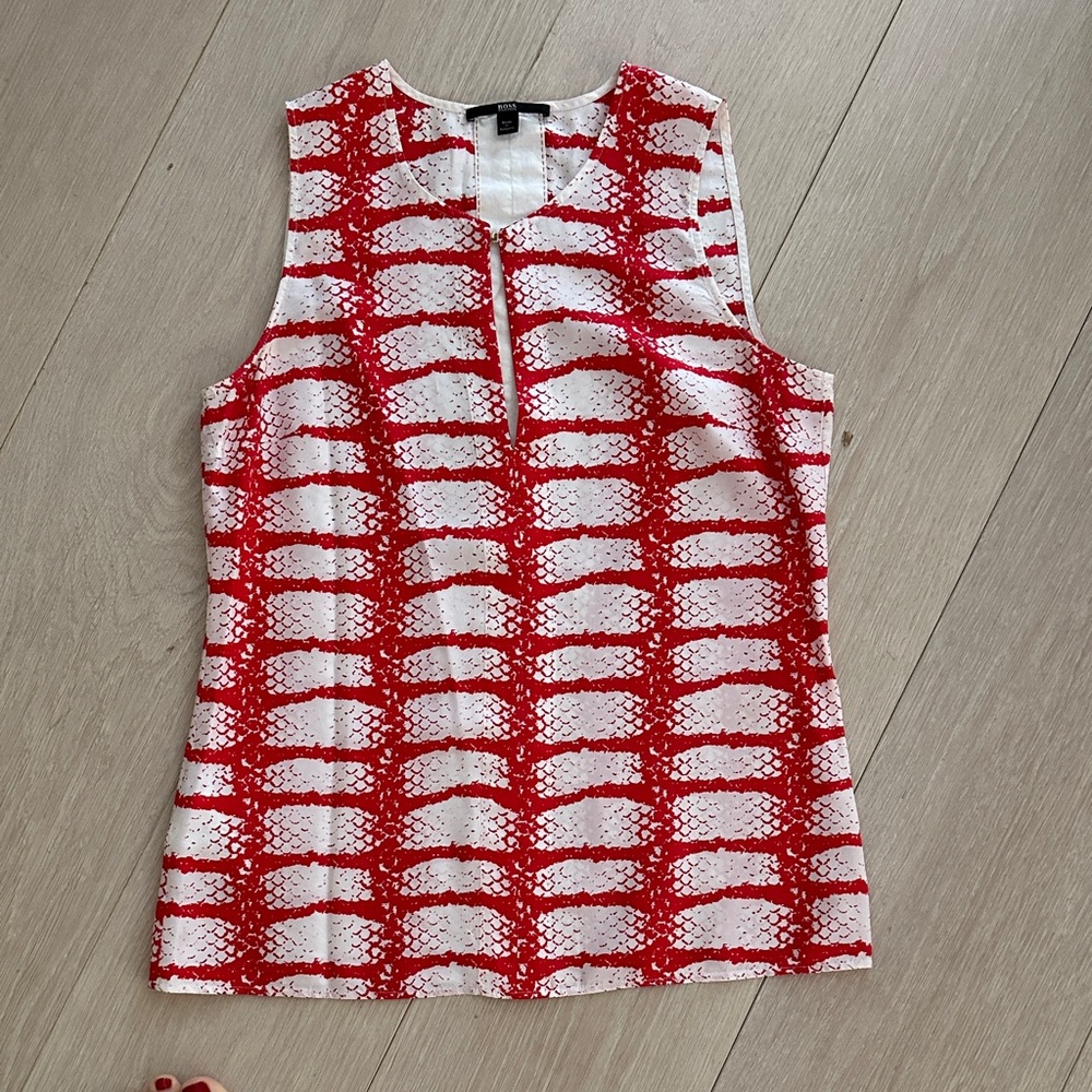 Hugo Boss Red and White Patterned Tank Top
